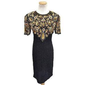 Vintage Laurence Kazar silk Beaded key hole dress in size small Black Gold